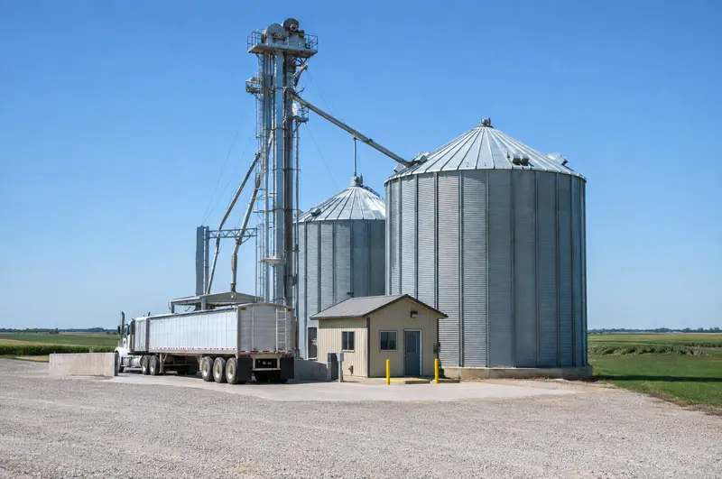 Grain storage bins, grain leg and a semi trailer at a rural grain facility