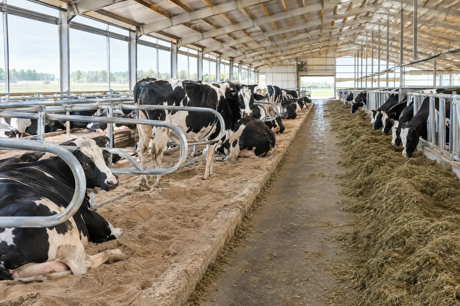 Holstein dairy cows in a sand-bedded freestall barn