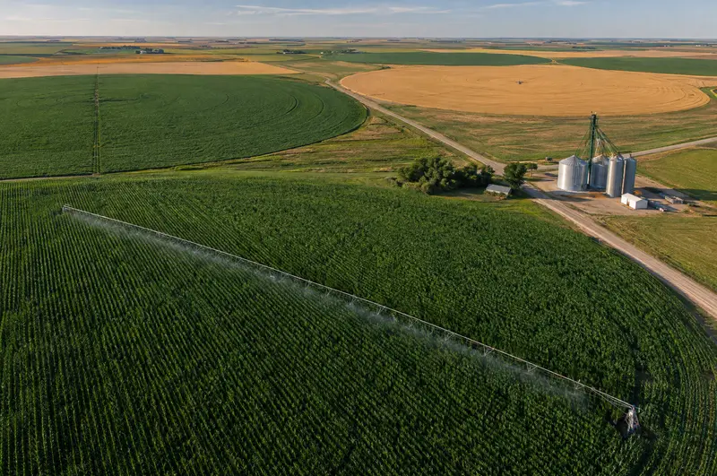 Center-pivot irrigation over a large corn field on the Great Plains